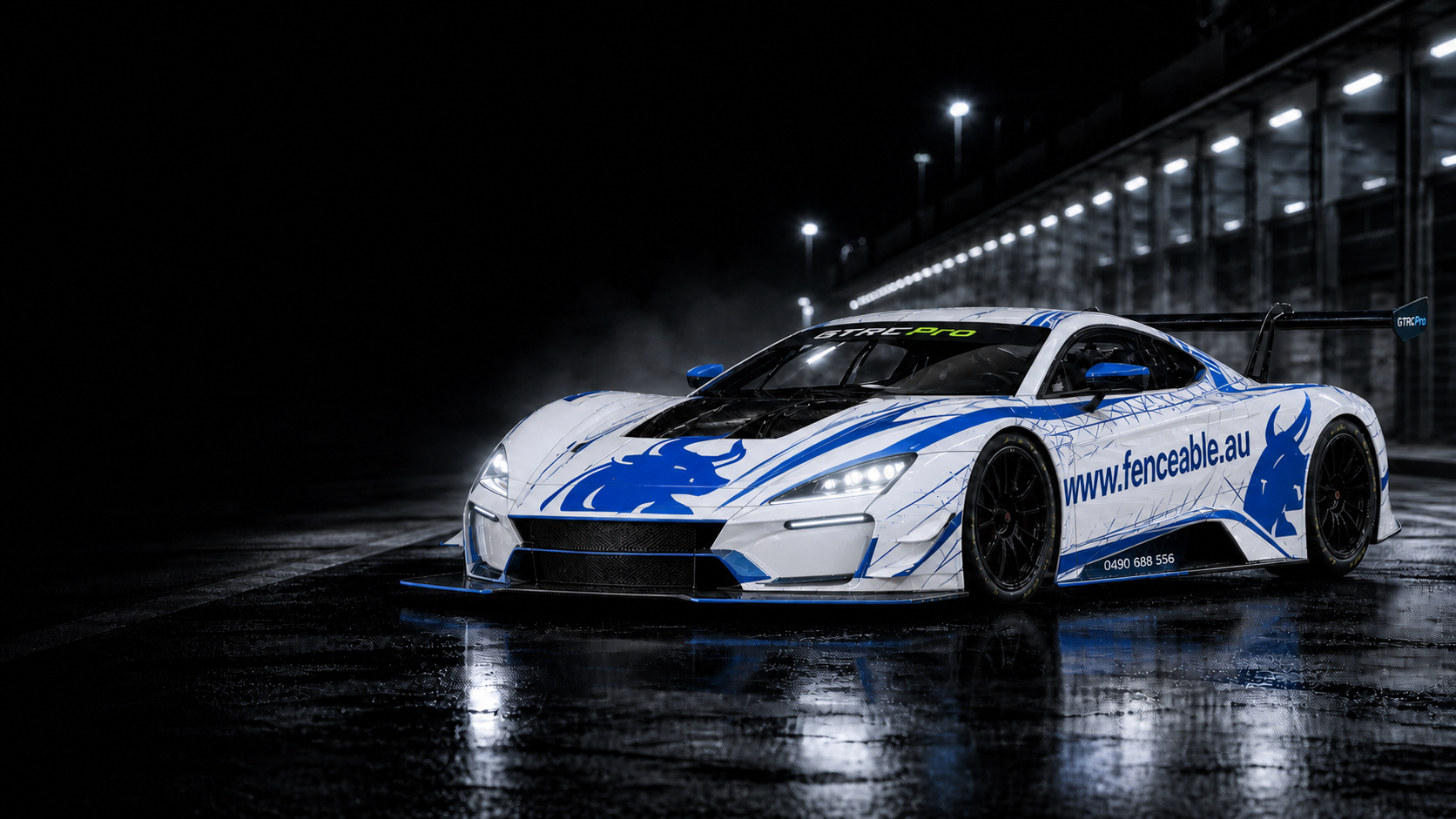 White and blue Fenceable concept livery on a GTRCPro remote racing car